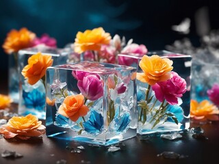 Eternal Blossom: AI-Enhanced Colorful Flowers Suspended in Crystal-Clear Ice Cubes - A Captivating Symphony of Nature and Frost