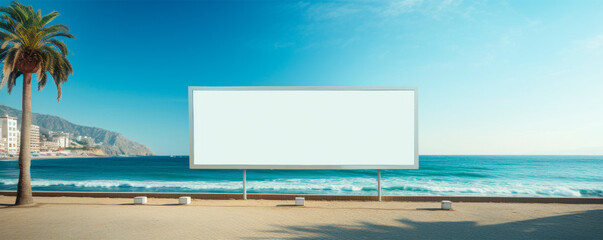 horizontal mockup large blank billboard on a beach with clear blue sky and turquoise ocean waves in the background. Travel and tourism advertisements, summer events announcements