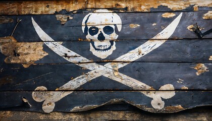 Fototapeta premium Old and worn pirate flag on worn wooden board. Concept of threat, danger at sea, sixteenth century, history.