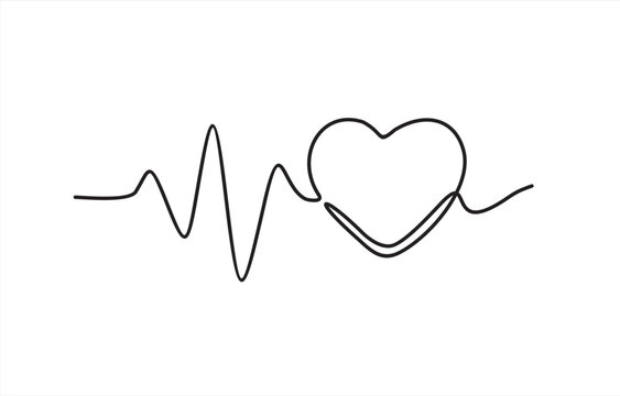 heart and pulse one line hand drawn, cardiogram sign, electrocardiogram heartbeat - stock vector