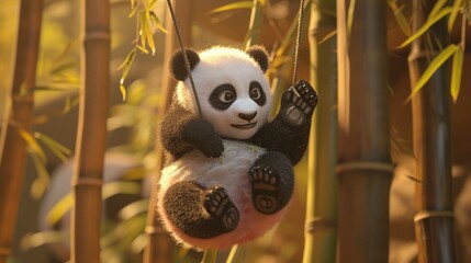panda eating leaves, Imagine a whimsical scene where a cute and humorous baby panda hangs playfully...