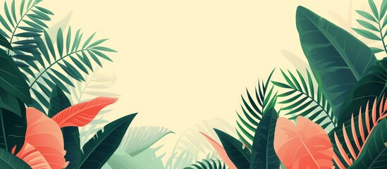 Fototapeta na wymiar Illustration tropical plants leaves hand drawn flat style with copy space background. Generated AI
