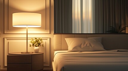 a bright lamp illuminating sleek furniture in a minimalist bedroom, showcasing the fusion of functionality and style in contemporary interior design.