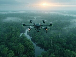 Fototapeta na wymiar drone Monitoring Environmental Health of ecosystem flying over forest, equipped with sensors and cameras