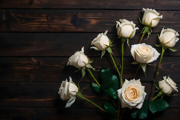 Top view of white roses bouquet on dark wooden table