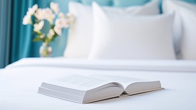 a book placed on a bed with white linen. Generative AI