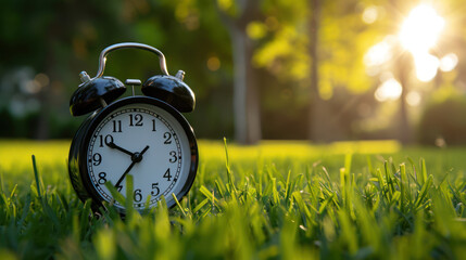 A black alarm clock stands in the green grass in the park. Concept of changing time to summer time. Management and planning