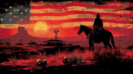 Fototapeta premium A Man Riding a Horse in Front of a Flag