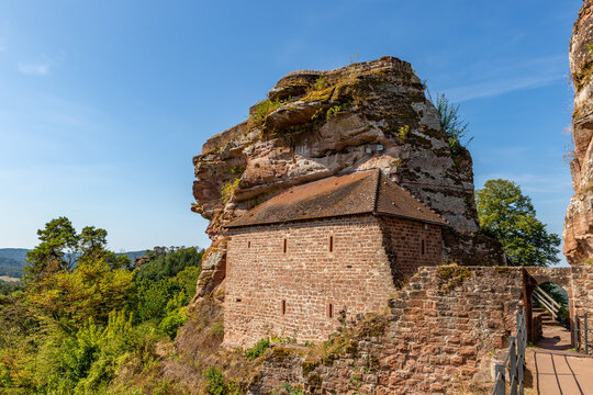Erfweiler, Germany &ndash; August 30, 2023: House of Castle Altdahnt in Dahner Felsenland, Rhineland-Palatinate.