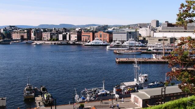 Oslo, Norway: Aerial view of bay Pipervika and waterfront of district Aker Brygge