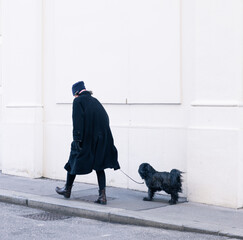 person on the street walking the dog