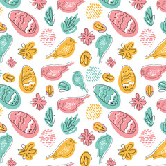 Easter pattern with eggs and birds. Vintage repeating abstract boho style pattern on white background. Vector image.