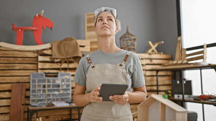 A thoughtful blonde woman in a workshop wearing an apron and using a tablet.