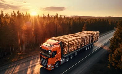 Foto op Plexiglas A cargo trailer with a large logging truck with a pine tree on the road. © lutsenko_k_