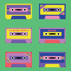 Fototapeta premium A set of bright vintage cassettes from the 80s - 90s. Vector illustration isolated on a green background.