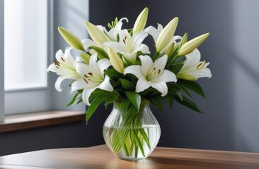 Valentine's Day, Mother's Day, National Grandmothers Day, International Women's Day, bouquet of white lilies in a glass vase, snow-white elegant flowers