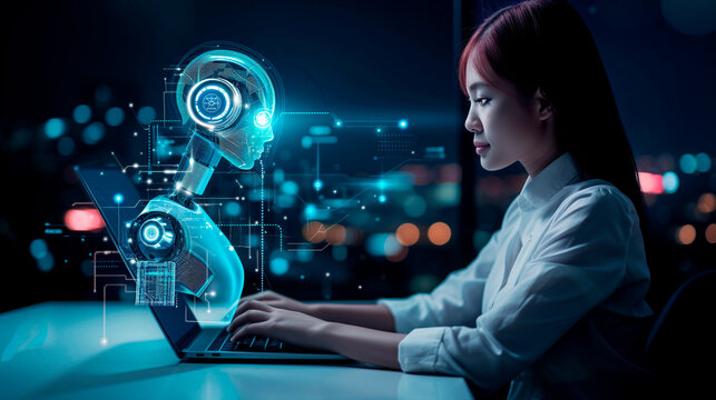 Woman chatting with an intelligent artificial intelligence