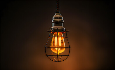 A hanging lamp on a wire, close-up, on a dark background.