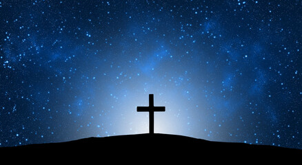 Easter illustration with a cross on hill and blue starry sky at night. - obrazy, fototapety, plakaty