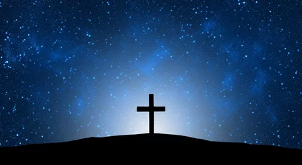 Foto op Plexiglas Easter illustration with a cross on hill and blue starry sky at night. © lukbar