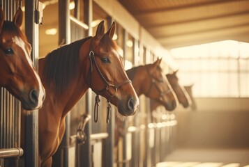 Horses peering out from stable boxes. Concept of equine care, stable management, horse breeding, animal housing, sports equestrian club, farm life, equine curiosity. - obrazy, fototapety, plakaty