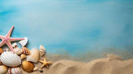 Seashells, starfish and sea stones on a blue background. Golden sand and sea scenery. Summer vacation and travel concept. Flat lay, top view, copy space