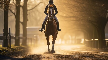 Solo jockey riding horse on a misty morning track. Concept of equestrian sports, horse training, and peaceful mornings.