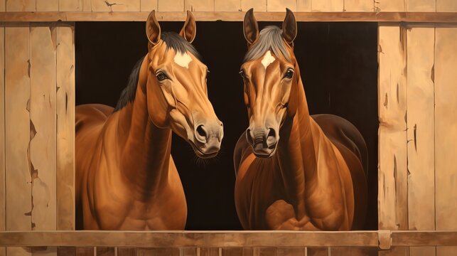 Horses Peering Out From Stable Boxes. Concept Of Equine Care, Stable Management, Horse Breeding, Animal Housing, Sports Equestrian Club, Farm Life. Digital Illustration