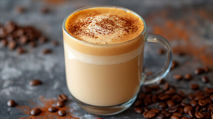 Cup of coffee and beans. Coffee cold cocktail drink with ice and milk. Cups of coffee drink, latte or mocha with milk foam. Glass mug