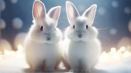Two cute white furry rabbit hare sit close-up on a fur blanket against a blue background. - 727410951