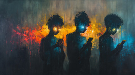 three teens addicted to their smartphones, abstract oil painting - obrazy, fototapety, plakaty