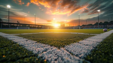 textured free soccer field in the evening light - center, midfield with the soccer ball - obrazy, fototapety, plakaty