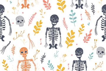 Pastel Halloween Pattern with Skeletons