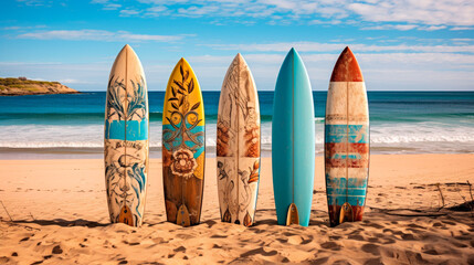 Five brightly colored surfboards with tribal patterns standing upright on a sandy beach with crystal blue waters and clear skies in the background. Active beach lifestyle. Surf School