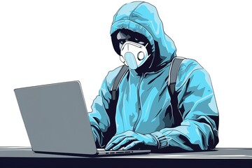 illustration of Worker in a mask with a laptop and hand sanitizer