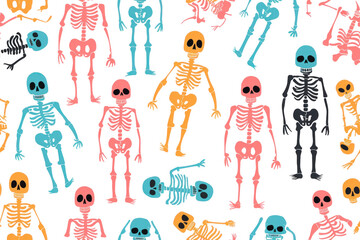 Fototapeta na wymiar Pastel Halloween Pattern with Cute Skeletons
