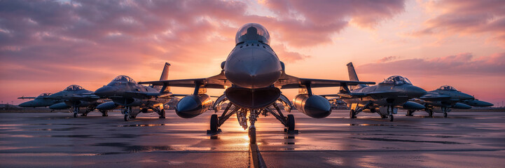 panoramic view of a generic military aircraft carrier ship with fighter jets take off during a special operation at a warzone, wide poster design with copy space area