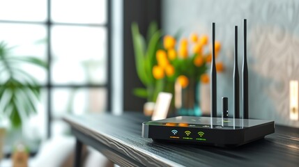 Wi-Fi router on black wooden table in room. Space for text 