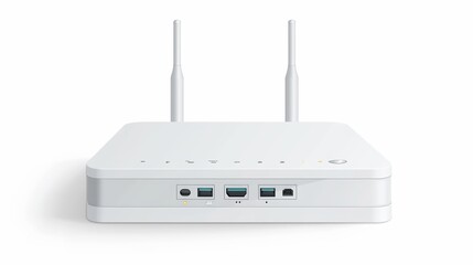 White wifi router, wireless broadband modem with antennas in front and perspective view. Ethernet router for network connection and Internet access isolated on white background  - obrazy, fototapety, plakaty