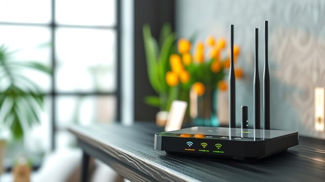 Wi-Fi router on black wooden table in room. Space for text 
