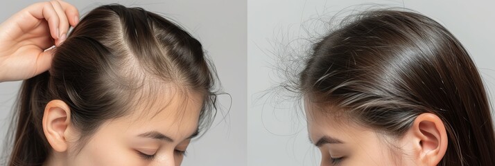Woman with hair loss problem before and after treatment on grey background, collage. Visiting trichologist