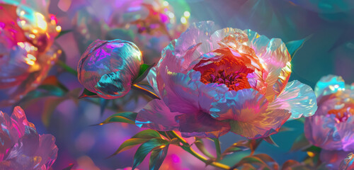 Cluster of holographic foil peony flowers with multicolored petals