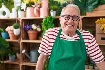 Middle age grey-haired man florist smiling confident standing at flower shop