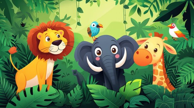 Group safari Jungle funny cartoon animals forest in cartoon style. Generated AI image