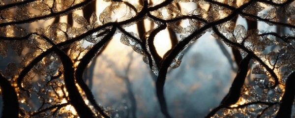 a close up of a frosty tree with a sun shining through it