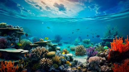 Fototapeta na wymiar A tranquil underwater landscape rich in diverse coral colorful reefs and teeming with marine life with schools of fish in the marine ocean. biodiversity of ocean life. Environmental conservation