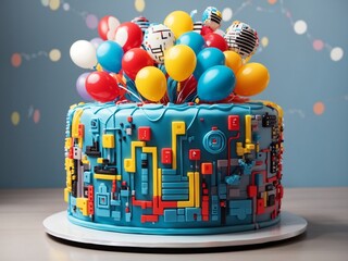Techy Delight: AI-Generated Birthday Cake and Balloons Merge Technology and Festivity
