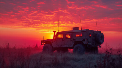 Military SUV with soldiers, sunset, state of war - obrazy, fototapety, plakaty