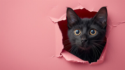 a black cat's head peeking out from a torn pink wallpaper