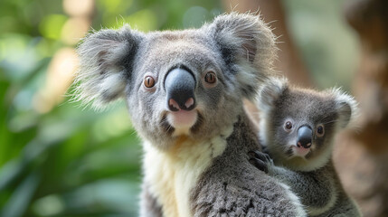 A koala with her cub on a tree